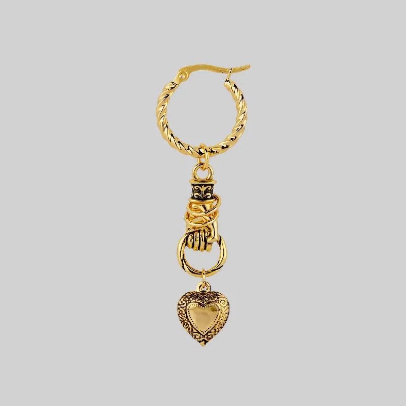 ALL OF ME. Hand Grasping Heart Earrings - Gold