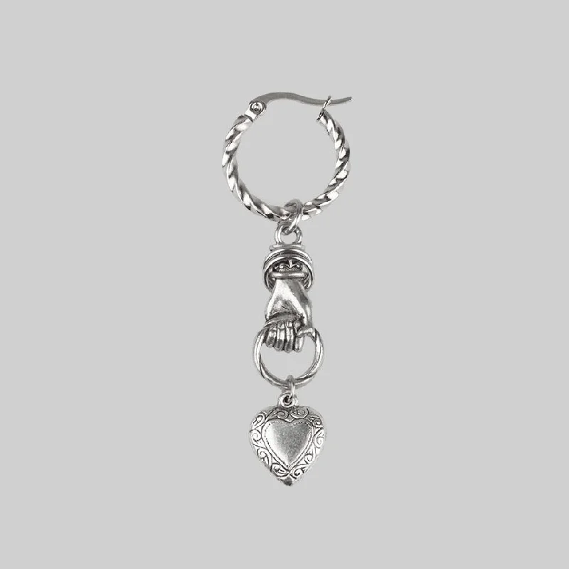 ALL OF ME. Hand Grasping Heart Earrings - Silver