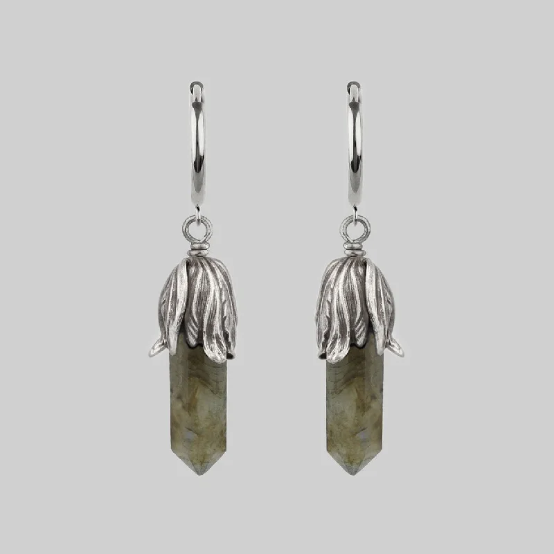 DEATH BLOOM. Labradorite Gemstone Hoop Earrings - Silver