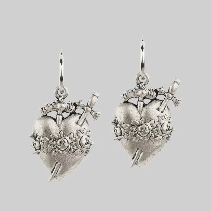 INFERNO. Sacred Heart Hoop Earrings - Silver