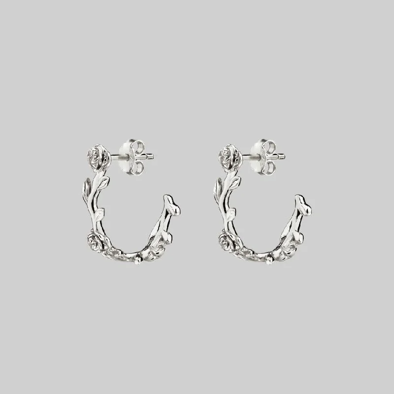 SARAH. Rose Foliage Hoops - Silver