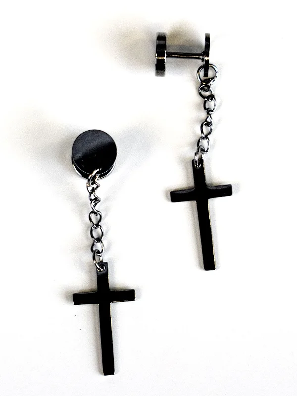 Steel Cross Dangle Threaded Earrings